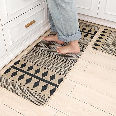 Non Skid Washable Black and White Boho Kitchen Rug Sets of 2, 17x29 and 17x47 Inch