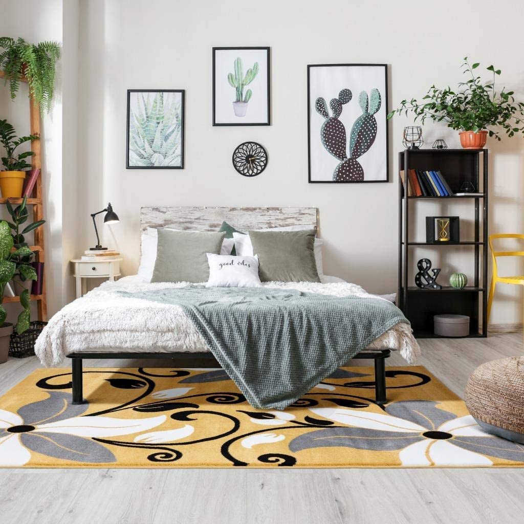 Victoria Collection Modern Mustard Yellow Floral Area Rug