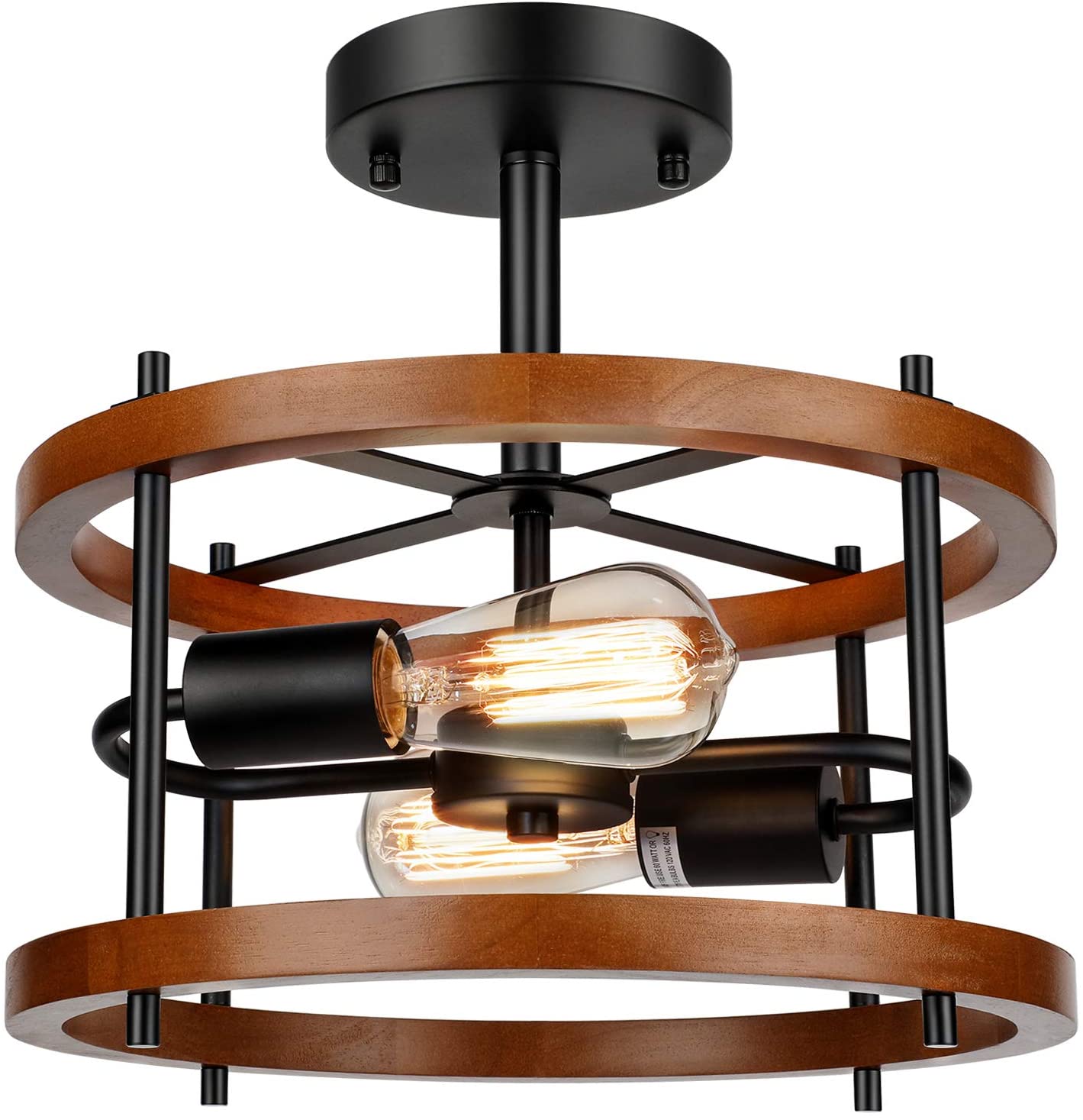 Retro Semi Flush Mount Ceiling Light Fixture, Rustic Vintage Wood Ceiling Light