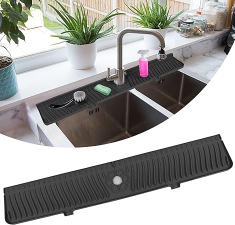 30" Sink Longer Silicone Faucet Handle Drip Catcher Tray (Black)