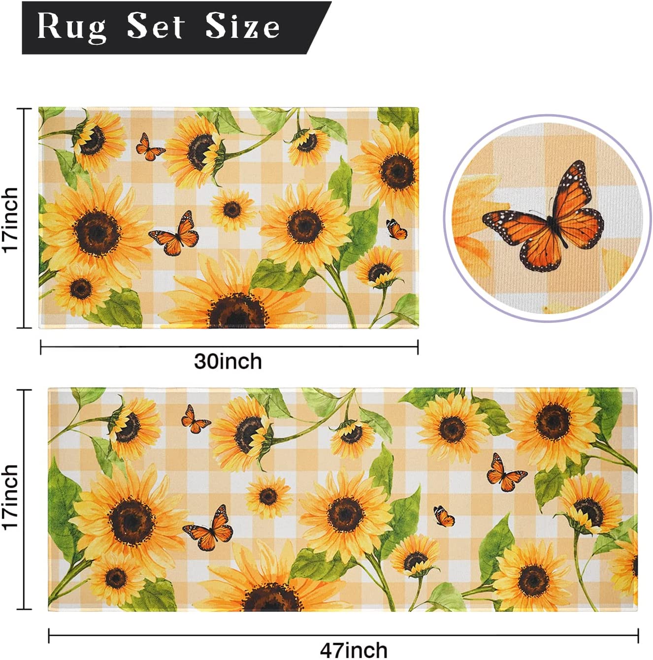Set of 2- Plant Floral Butterfly Kitchen Rugs with Runner Decor Accessories Things - 17x30 and 17x48 Inch
