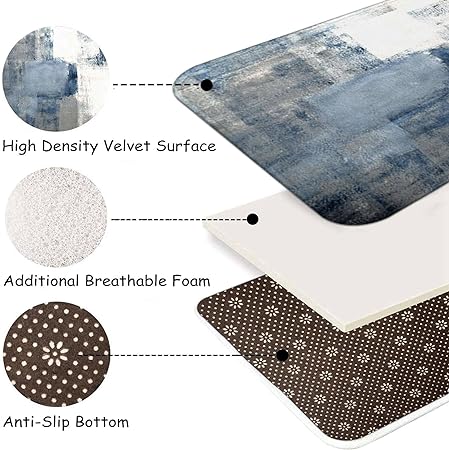 2 Pieces Abstract Anti Fatigue Non Slip Foam Cushioned Blue and Brown Art Painting Comfort Indoor Floor Mat, (17"x48"+17"x24")