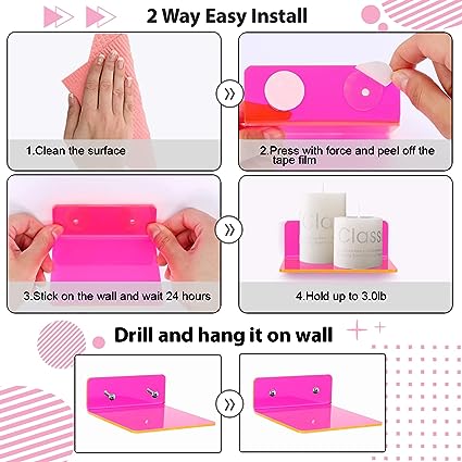 3 Pack Acrylic Floating Shelves for Wall (Pink)