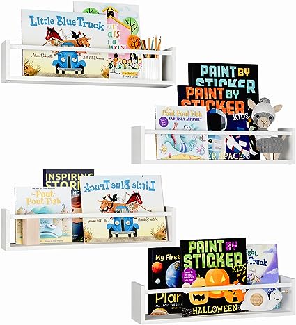 16.5 Inch Floating Bookshelves for Nursery Decor & Playroom Decor, Set of 4,  (Natural Wood)