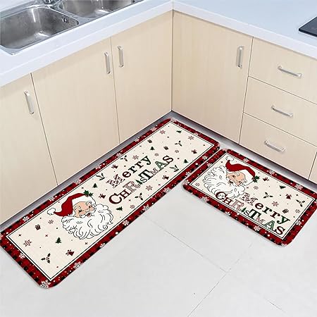 Set 2 Pieces Cute Santa Claus Decor Red Black Buffalo Plaid Non Slip Washable  Kitchen Rugs, 15.7" x 23.6"+15.7" x 47.2"