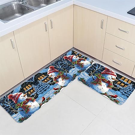 Set 2 Pieces Cute Santa Claus Decor Red Black Buffalo Plaid Non Slip Washable  Kitchen Rugs, 15.7" x 23.6"+15.7" x 47.2"