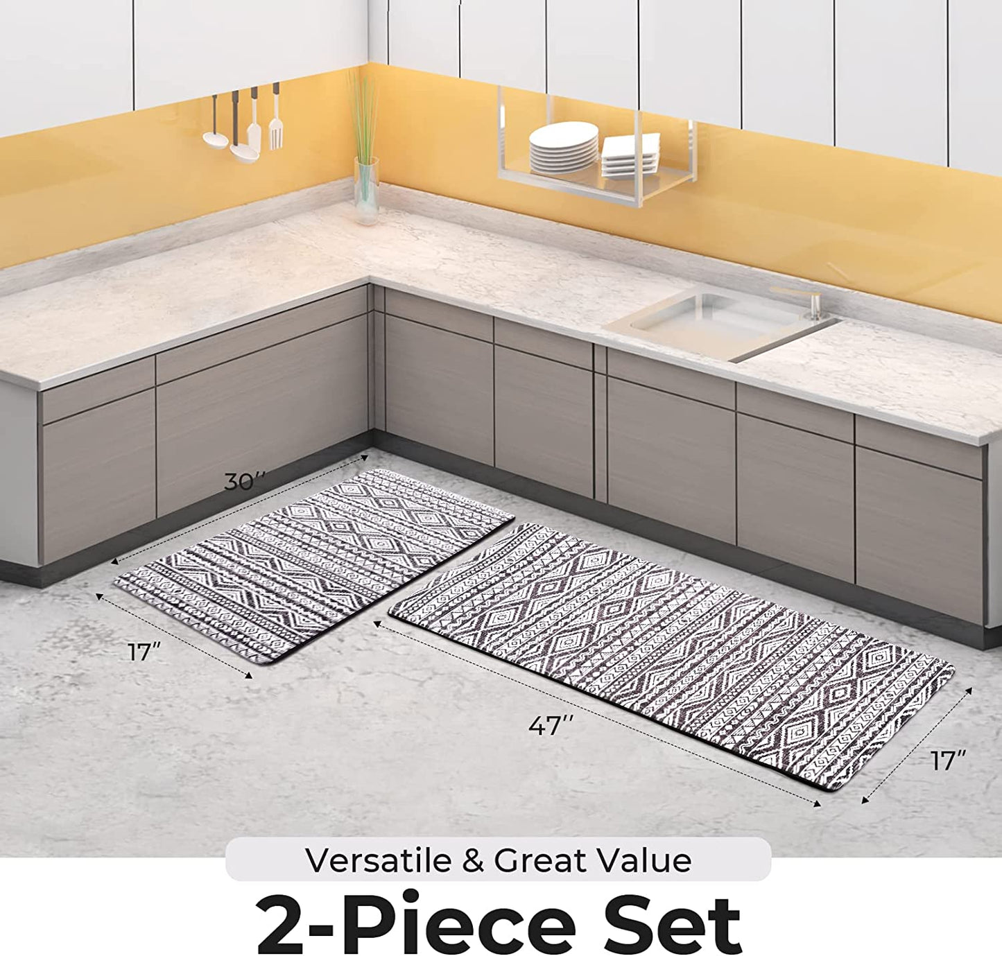 Anti Fatigue 2 Piece Set, Waterproof & Non-Skid Boho Cushioned Standing Washable Comfort Desk Kitchen Runners, 17x30+17x47