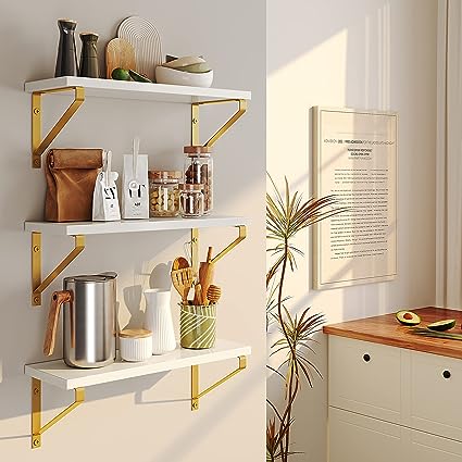 Wall Mounted Bathroom White Floating Shelves Set of 3, (Gold Bracket)