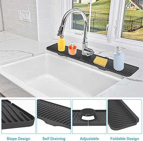 Longer Silicone Faucet Sink Splash Guard, 32"x 5.5", (Black)