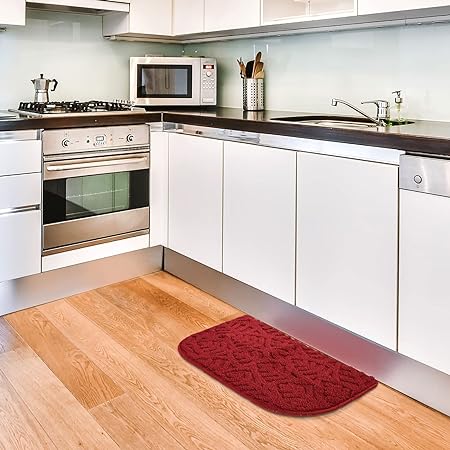 Creek Slip-  Half Round Red Kitchen Rug with Rubber Backing, Machine Washable, (18x30 Inches)