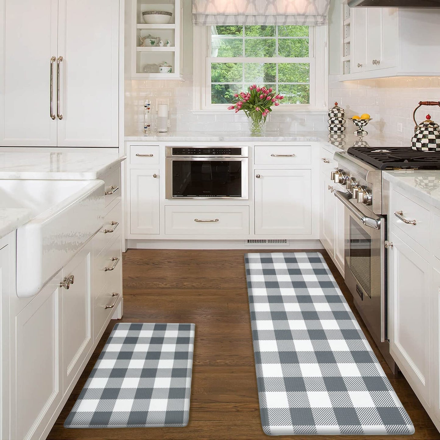 2 PCS Anti Fatigue Non Skid Waterproof Cushioned Black and White Kitchen Rugs