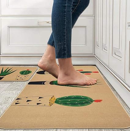 Green Plant Decorative Kitchen Mats Set of 2, Non-Slip Washable Kitchen Floor Rugs, with Rubber Backing Holiday Party-Profile Doormat (Cactus)