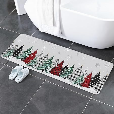 Set of 2 Anti-Fatigue Black and Green Gray Buffalo Xmas Tree Non-Slip  Runner Rug, 16x24n+16x47in