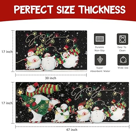 Set of 2, Non Skid Washable Winter Snowman Let It Snow Snowflake Knitted Gloves Xmas Holiday Sink Floor Mat, 17"x47"+17"x30"