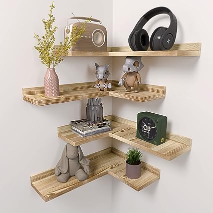 Set of 4, Rustic Pine Wood Corner Shelves for Wall Storage - Black