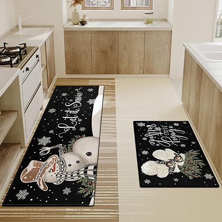 Set of 2, Non Skid Washable Winter Snowman Let It Snow Snowflake Knitted Gloves Xmas Holiday Sink Floor Mat, 17"x47"+17"x30"