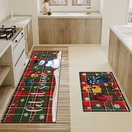 Set of 2, Non Skid Washable Winter Snowman Let It Snow Snowflake Knitted Gloves Xmas Holiday Sink Floor Mat, 17"x47"+17"x30"