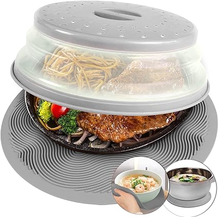 Microwave Mat & Food Cover- 10“ Mat as Bowl Holder, Multi-use: Silicone Trivet, Utensils Rest for Kitchen Counter