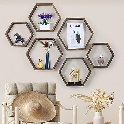 Hexagonal Floating Shelves Wall Mounted Set of 3 Wood Farmhouse Storage Honeycomb Wall Shelf for Bathroom, Kitchen, Bedroom, Living Room, Office,Driftwood Finish