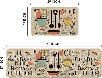 The Kitchen is The Heart of The Home Kitchen Mats Set of 2, Seasonal Cooking Sets Holiday Party Low-Profile Floor Mat for Home Kitchen - 17x29 and 17x47 Inch