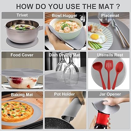 Microwave Mat & Food Cover- 10“ Mat as Bowl Holder, Multi-use: Silicone Trivet, Utensils Rest for Kitchen Counter