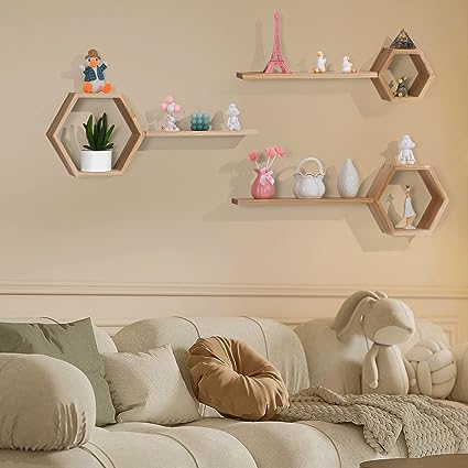 Wall Mounted Wood Farmhouse Storage Honeycomb Wall Shelf Set of 5 for Wall Decor, Bathroom, Kitchen, Bedroom, Living Room, Office and More (Natural)