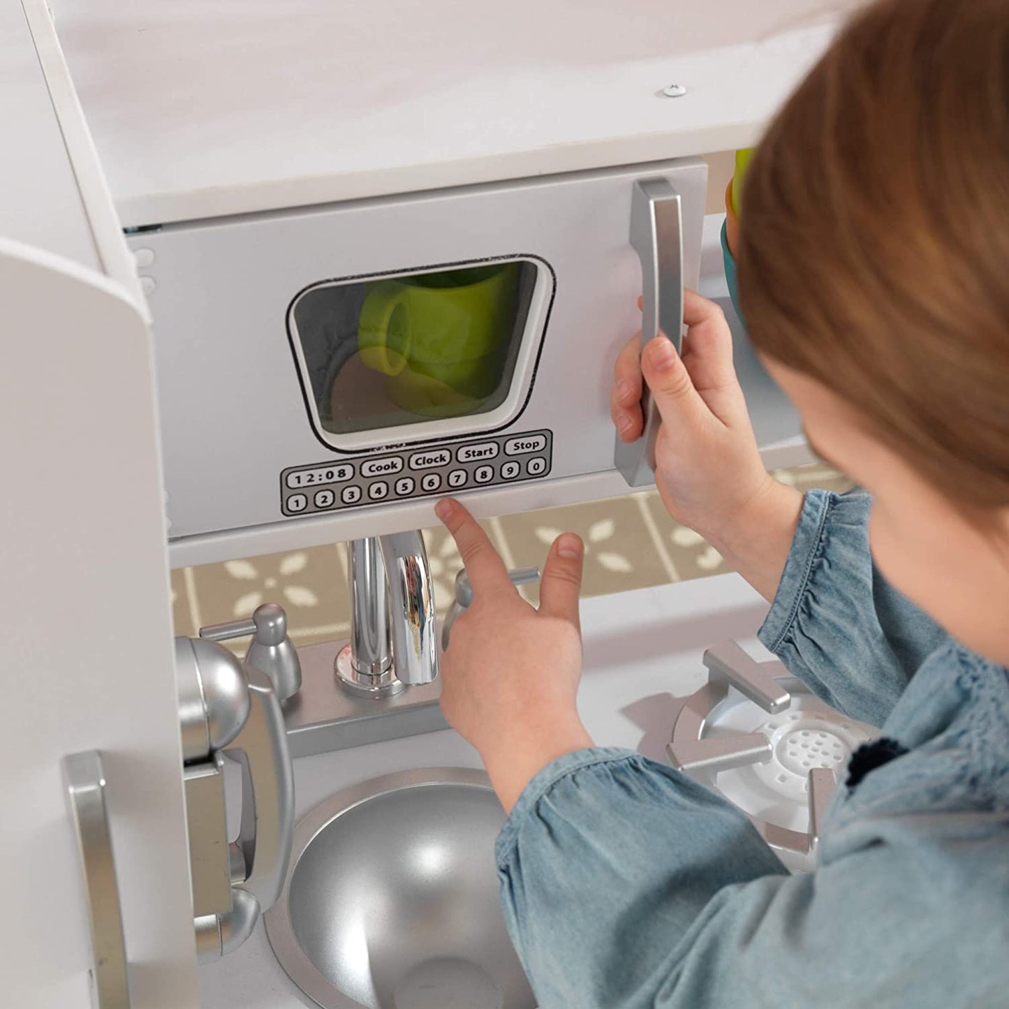 Vintage Wooden Play Kitchen with Pretend Ice Maker and Play Phone, White