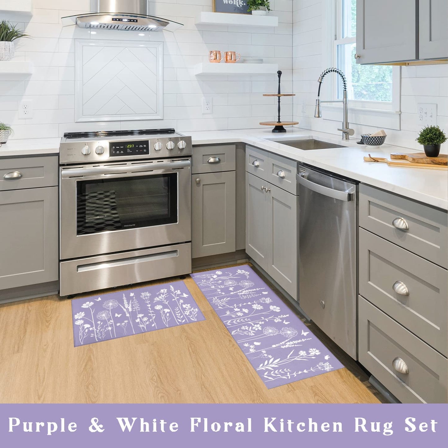 Set of 2- Plant Floral Butterfly Kitchen Rugs with Runner Decor Accessories Things - 17x30 and 17x48 Inch