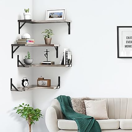 Set of 4, Floating Corner Shelves for Wall Décor Storage, (Grey)…