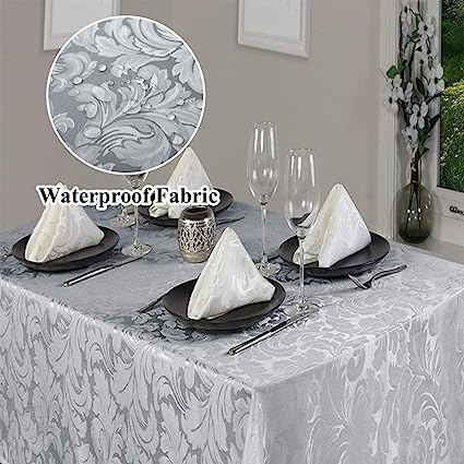 Elegant Damask Polyester Fabric Spillproof Water Resistant Washable Jacquard Tablecloth (Silver Gray, Rectangle - 60" x 120")