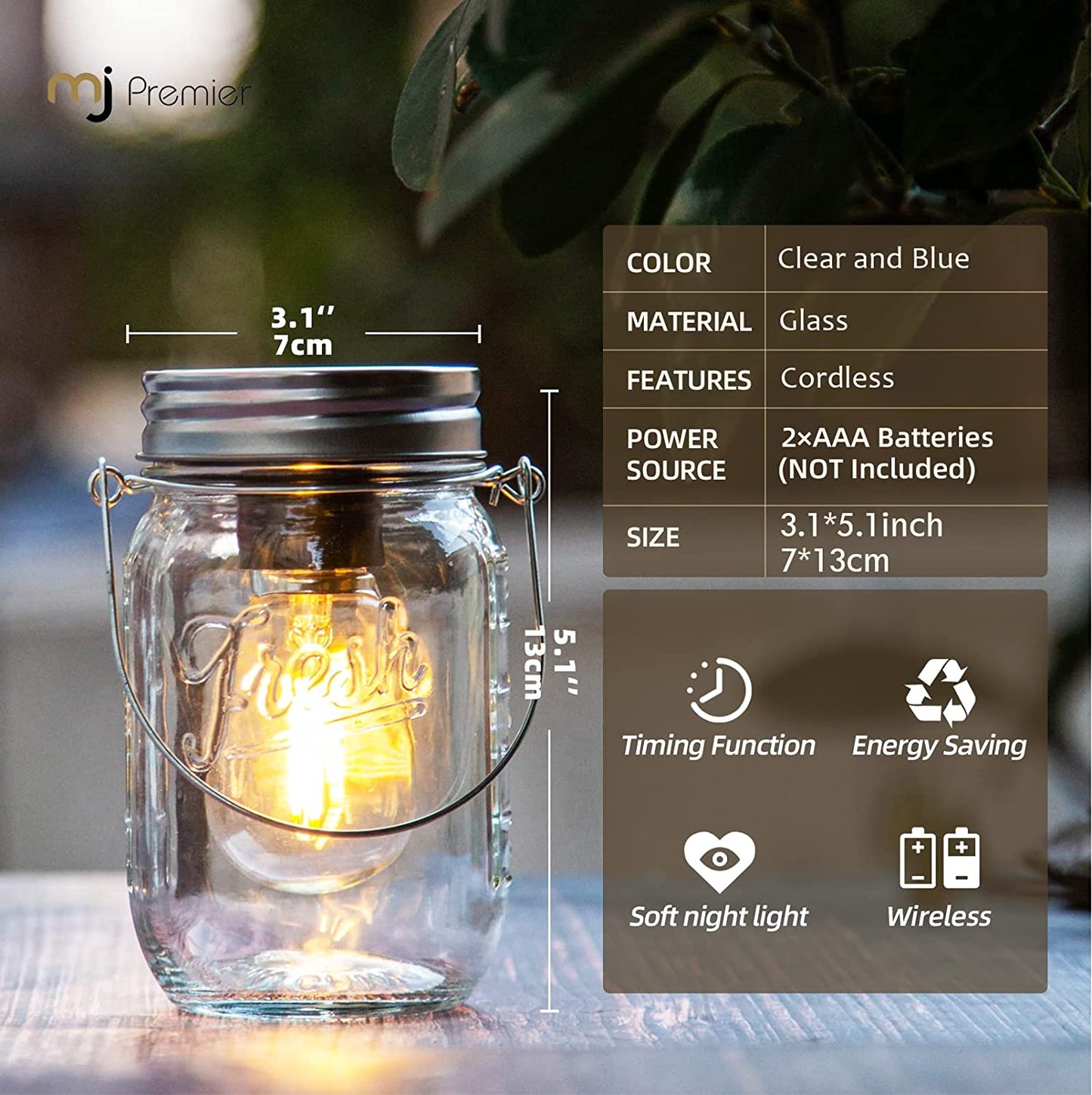 Outdoor Mason Jar Lights Hanging, 2-Pack LED Decorative Garden Lanterns with Timer
