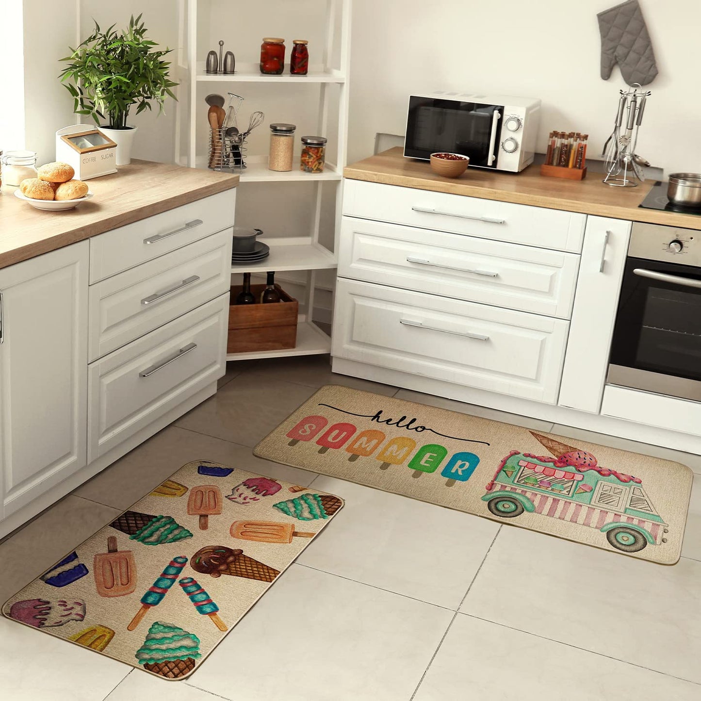 Set of 2 Hello Summer Ice Cream Truck Kitchen Rugs 17x29 and 17x47 Inch DM076