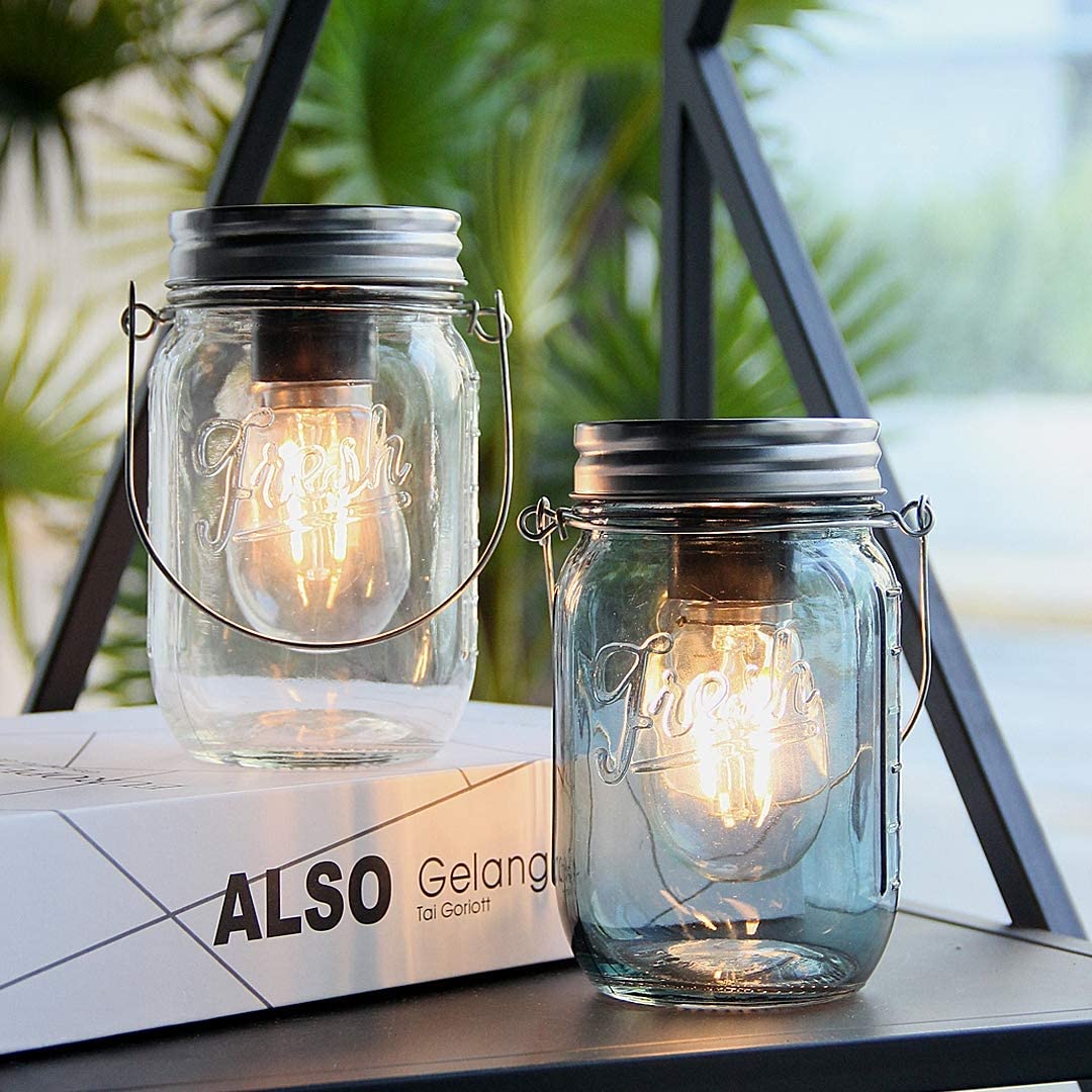 Outdoor Mason Jar Lights Hanging, 2-Pack LED Decorative Garden Lanterns with Timer