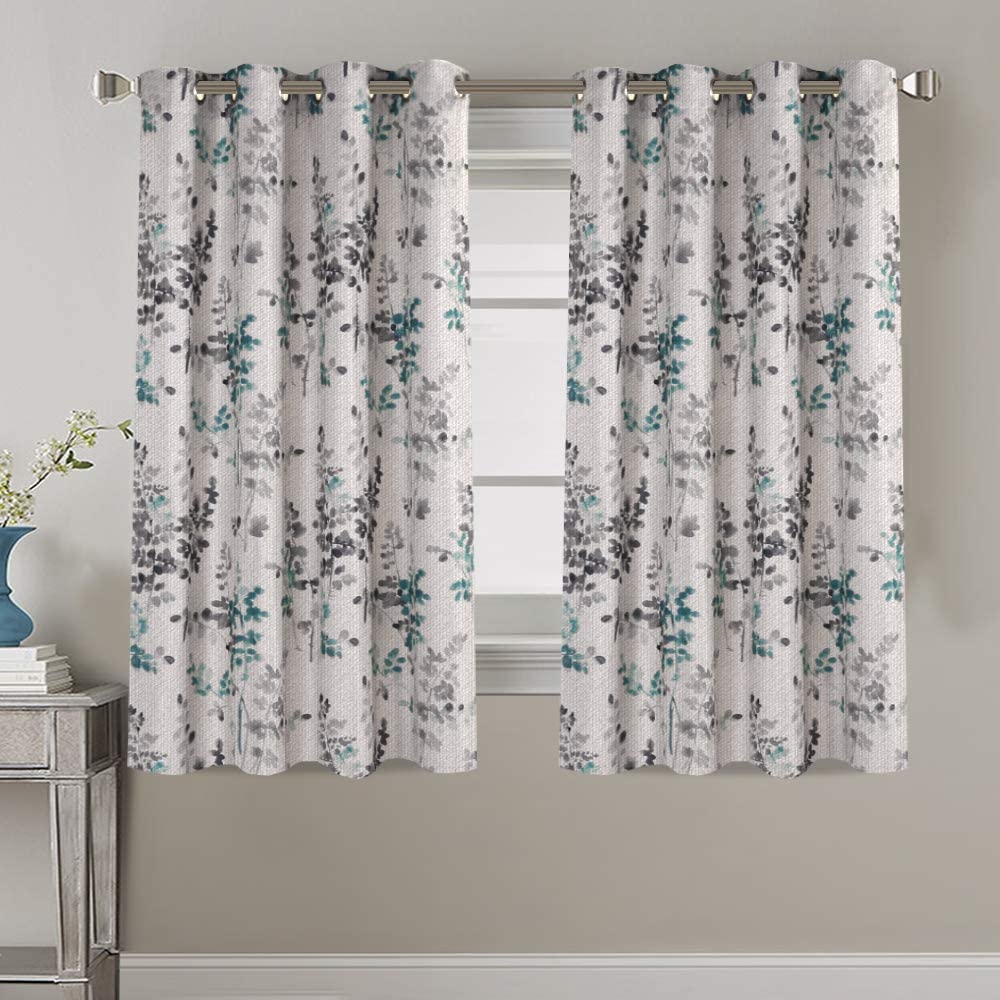 Linen Blackout Curtains 63 Inches Burlap Effect Linen Curtain Draperies for Grey Floral Printing Grommet 2 Panel