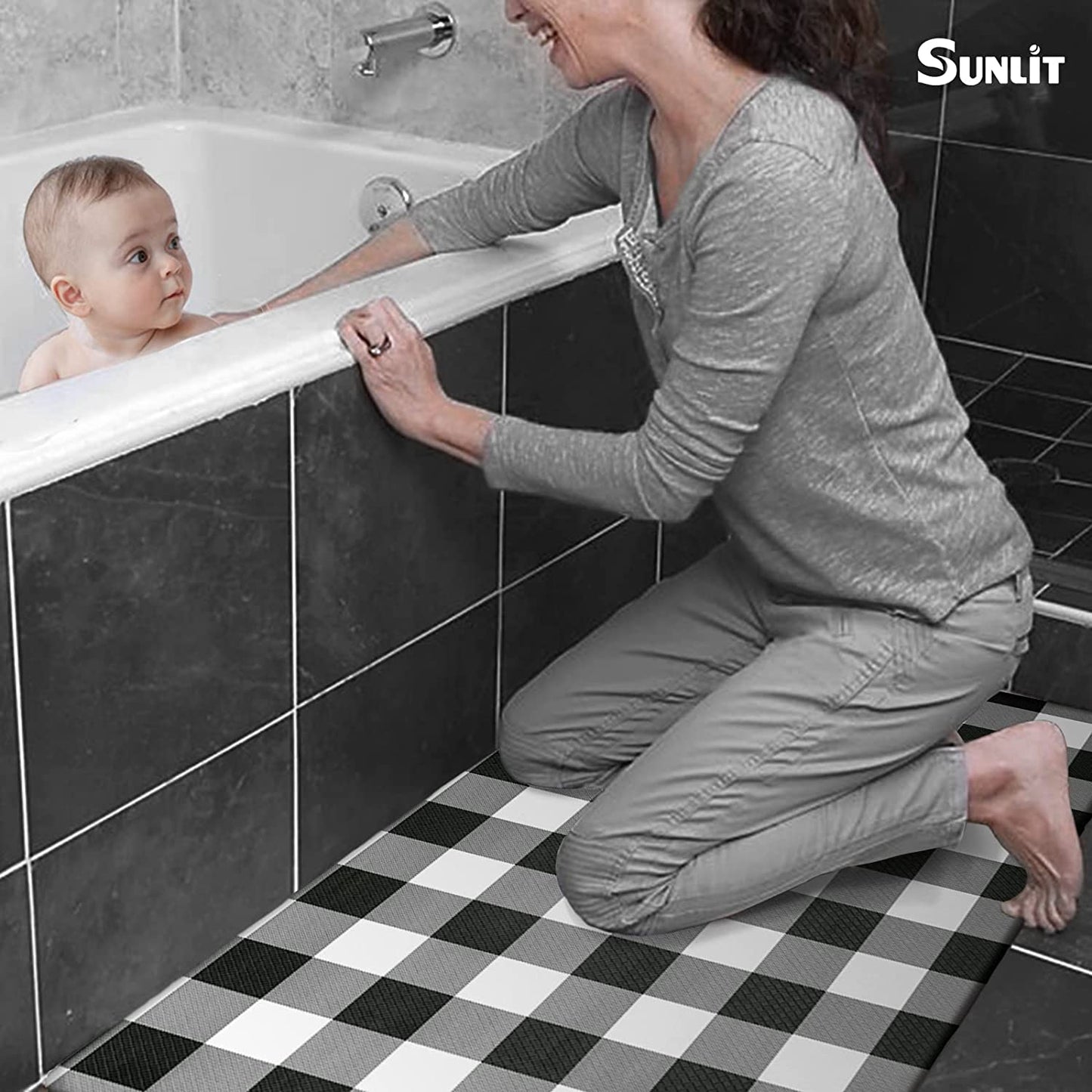 Set of 2 Anti Fatigue, Non Slip Waterproof Comfort, 0.4 Inch Thick, Gray and White Buffalo Plaid (Size:17"x28"&17"x47")