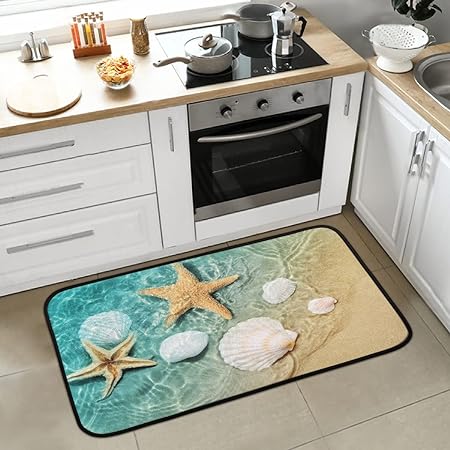 Blue Wood Plank Print Non Slip Beach Starfish Entryway Hallway Washable Home Decor 39" X 20"