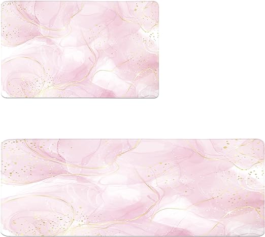 Sets 2 Gold Marble Abstract Cushioned Anti-Fatigue Non-Slip Memory Foam Comfort Standing Mat,  17.3''x 28''+17.3'' x 47''