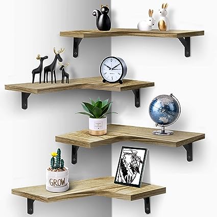 Set of 4, Floating Corner Shelves for Wall Décor Storage, (Grey)…