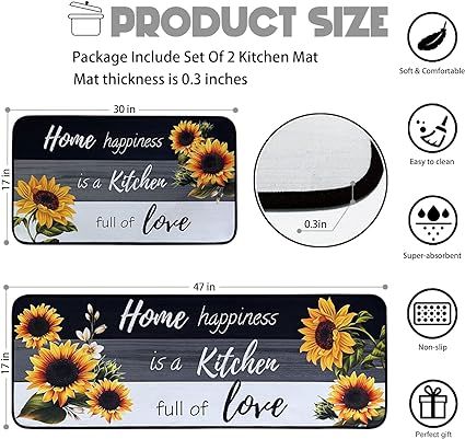 Non Skid Washable Microfiber mats for Kitchen Floor, Kitchen Rules Theme Kitchen Cushioned Runner Rug Decor Sets of 2,Size 17"x 47"+17"x 30"