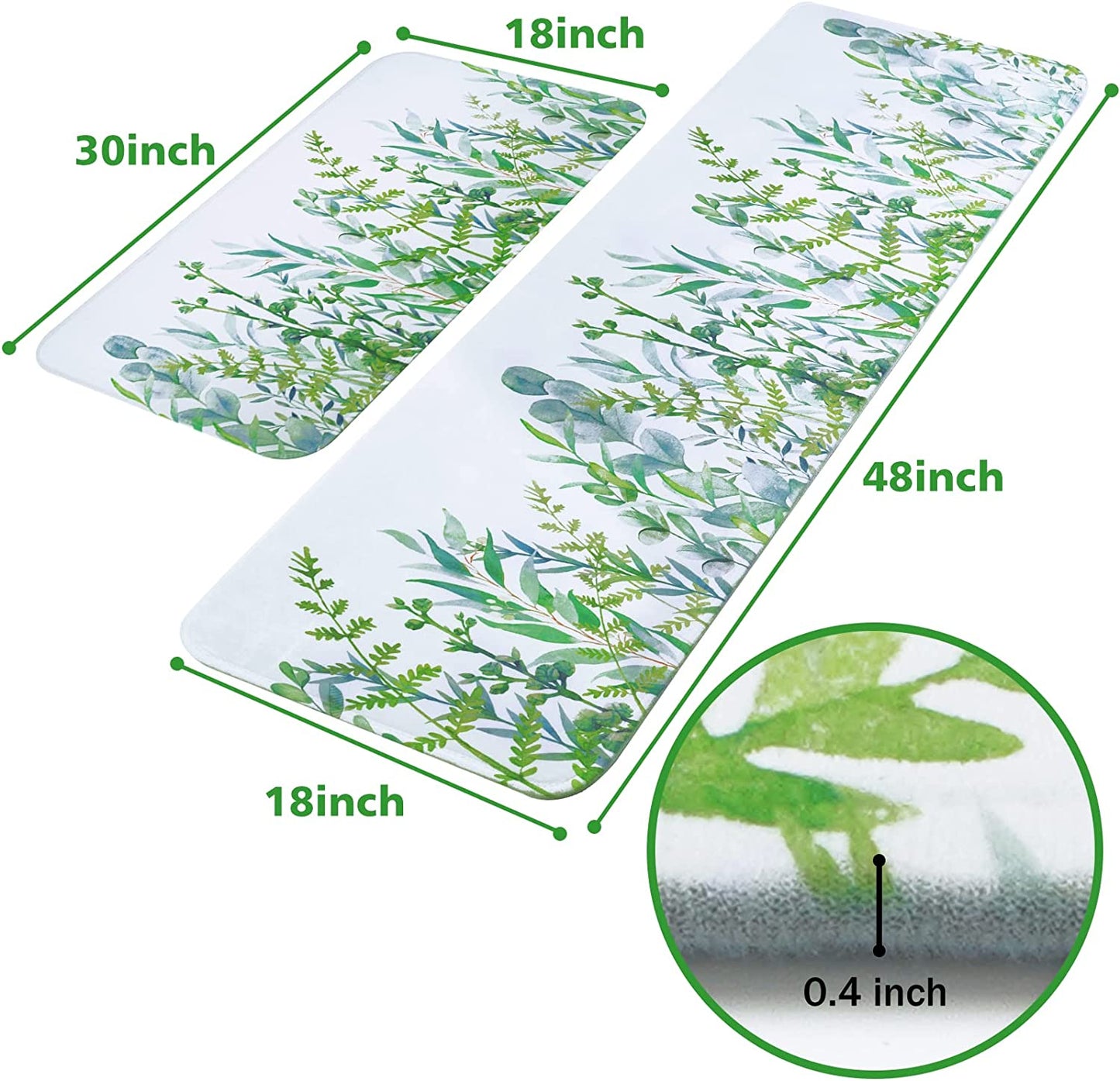 2 PCS Cushioned Floral, Flowers Anti Fatigue Kitchen Rugs  - 18'' x 48'' + 18'' x 30''