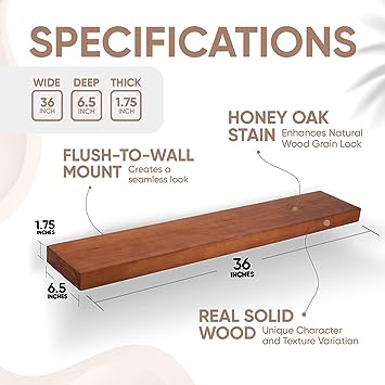 24 x 6.5 x 1.75 inch - Set of 2 - Honey Oak Color Rustic Farmhouse Floating Shelves