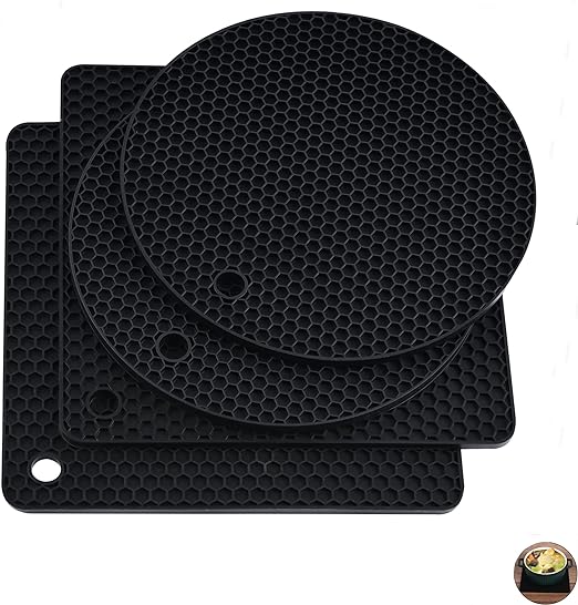 Silicone Trivets for Hot Dishes Heat Resistant Mats-- Non Slip Counter Protector Mat Pack 4 Black