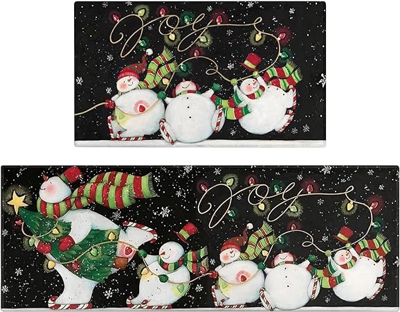 Set of 2, Non Skid Washable Winter Snowman Let It Snow Snowflake Knitted Gloves Xmas Holiday Sink Floor Mat, 17"x47"+17"x30"