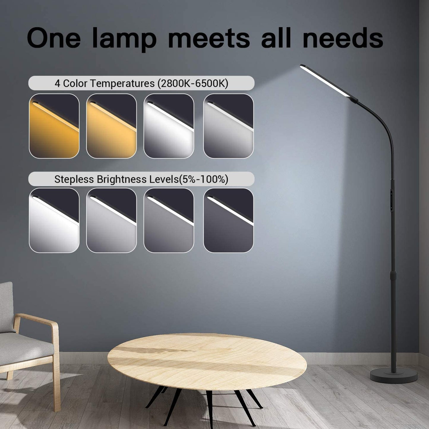 Led Floor Lamp, Adjustable Standing Height 4 Colors and Stepless Brightness