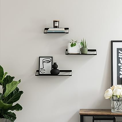 Finn- | 3 Part Floating Shelf Set Made of Metal and Real Wood Veneer