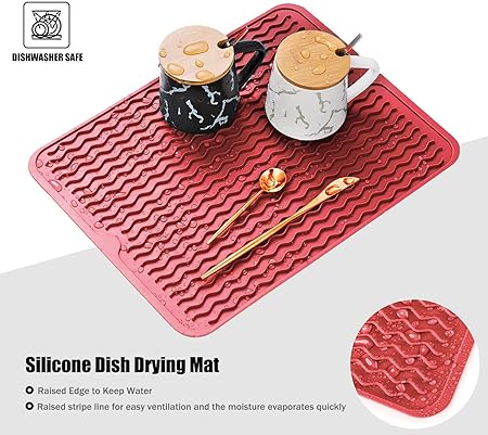 Silicone Non-Slip Easy Heat-resistant Dish Drainer Mat for Kitchen Counter, Sink, Refrigerator or Drawer liner (16" x 12", BLACK)