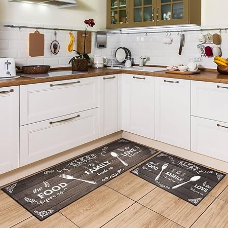 2 Pieces Cushioned Non-Slip Waterproof Kitchen Rug for Bedroom Bathroom Door Entrance 17” x 47” + 17” x 30” (Dark Brown)