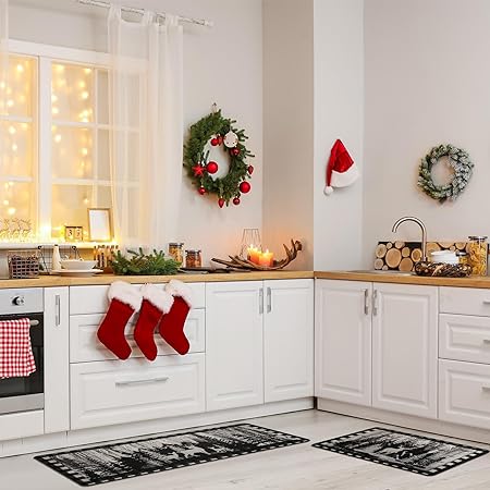 2 Pc Rooster Non Slip Washable Home Winter Holiday Decor, 17 x 30 Inch, 17 x 47 Inch