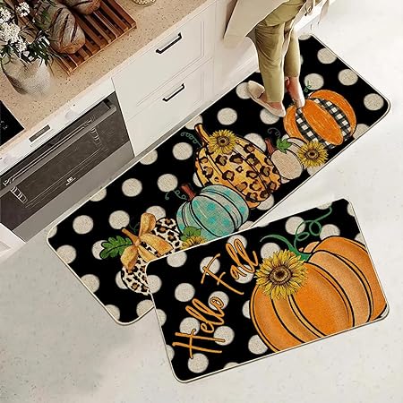 Autumn Harvest Polka Dots Leopard Pumpkin Thanksgiving Low-Profile Floor Mat 17x29 and 17x47 Inch