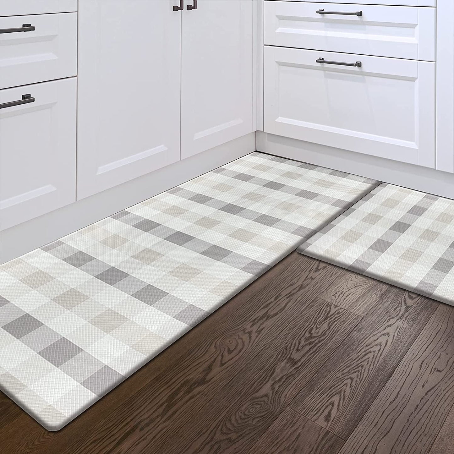 Set of 2 Anti Fatigue, Non Slip Waterproof Comfort, 0.4 Inch Thick, Gray and White Buffalo Plaid (Size:17"x28"&17"x47")
